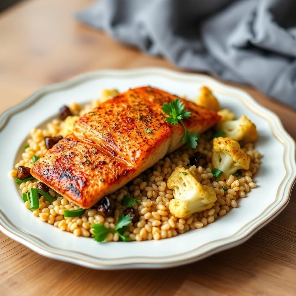 Seared Chili-Lime Salmon with Roasted Cauliflower and Farro