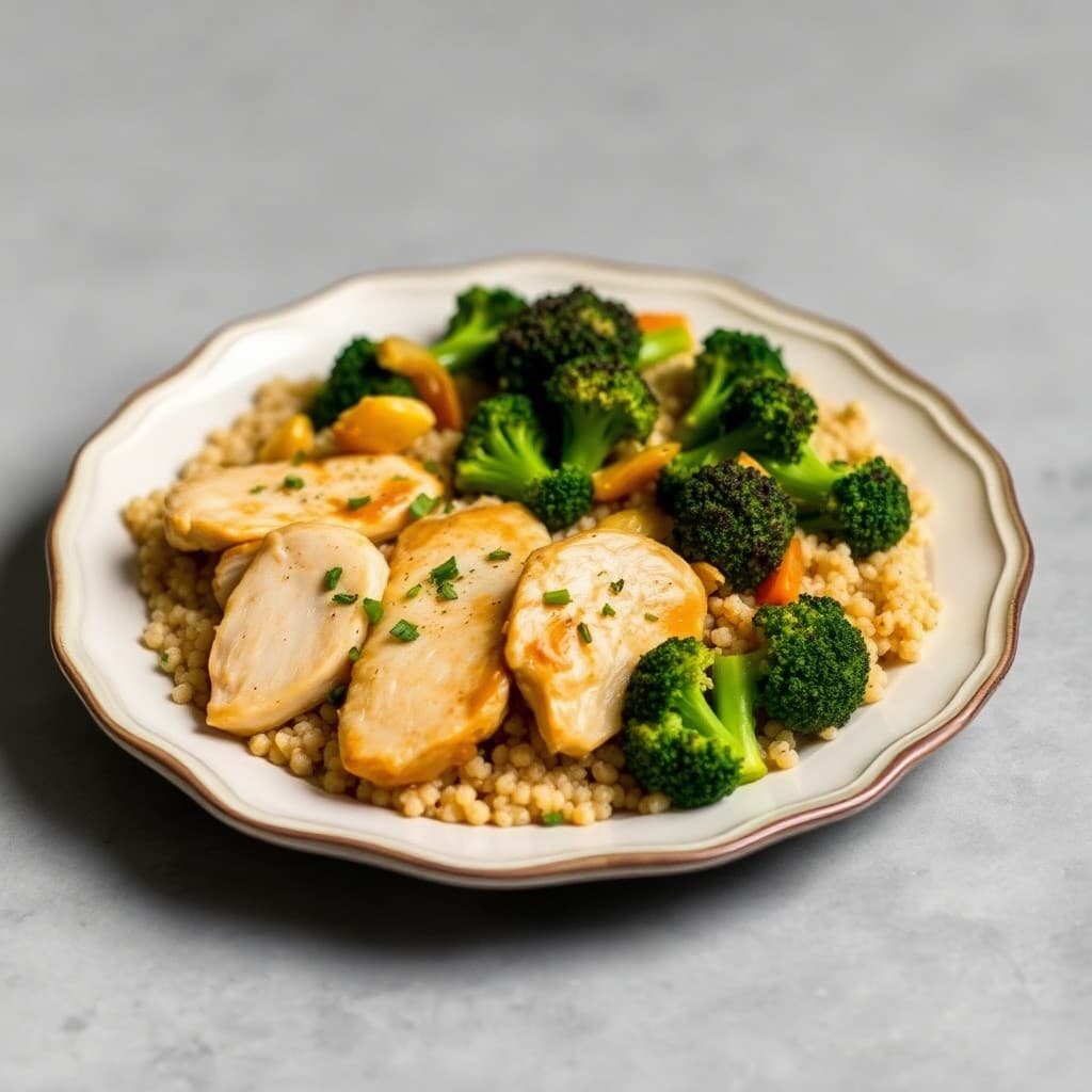 Zesty Lemon Chicken Stir-Fry with Roasted Broccoli and Quinoa