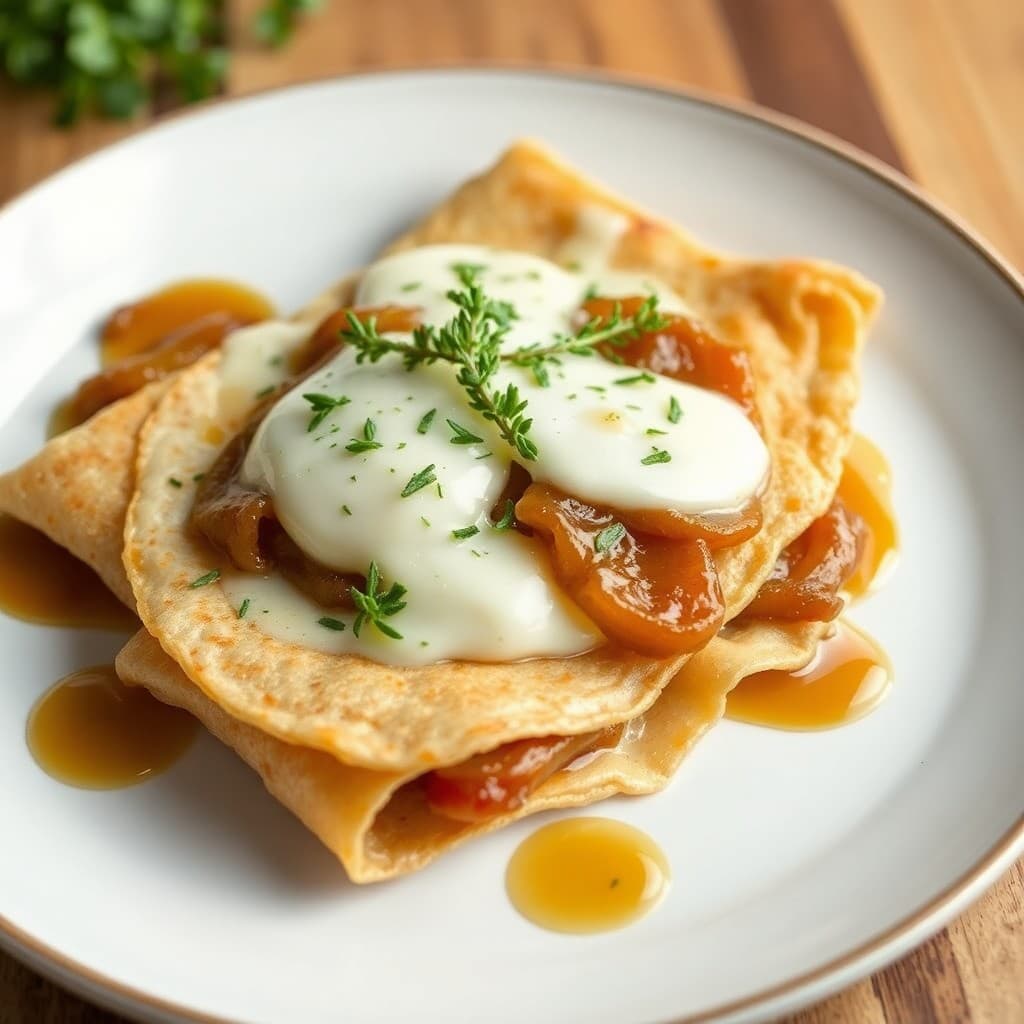 French Herb Crêpes with Caramelized Onion & Gruyère Filling