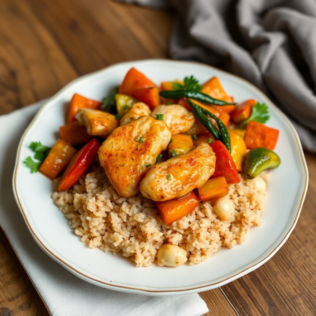 Sizzling Garlic Ginger Chicken Stir-Fry with Roasted Vegetable Medley