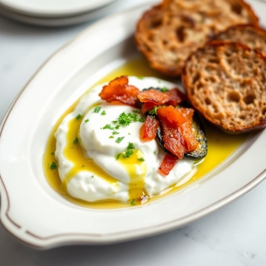 Turkish Whipped Labne & Roasted Eggplant Breakfast with Herb Oil