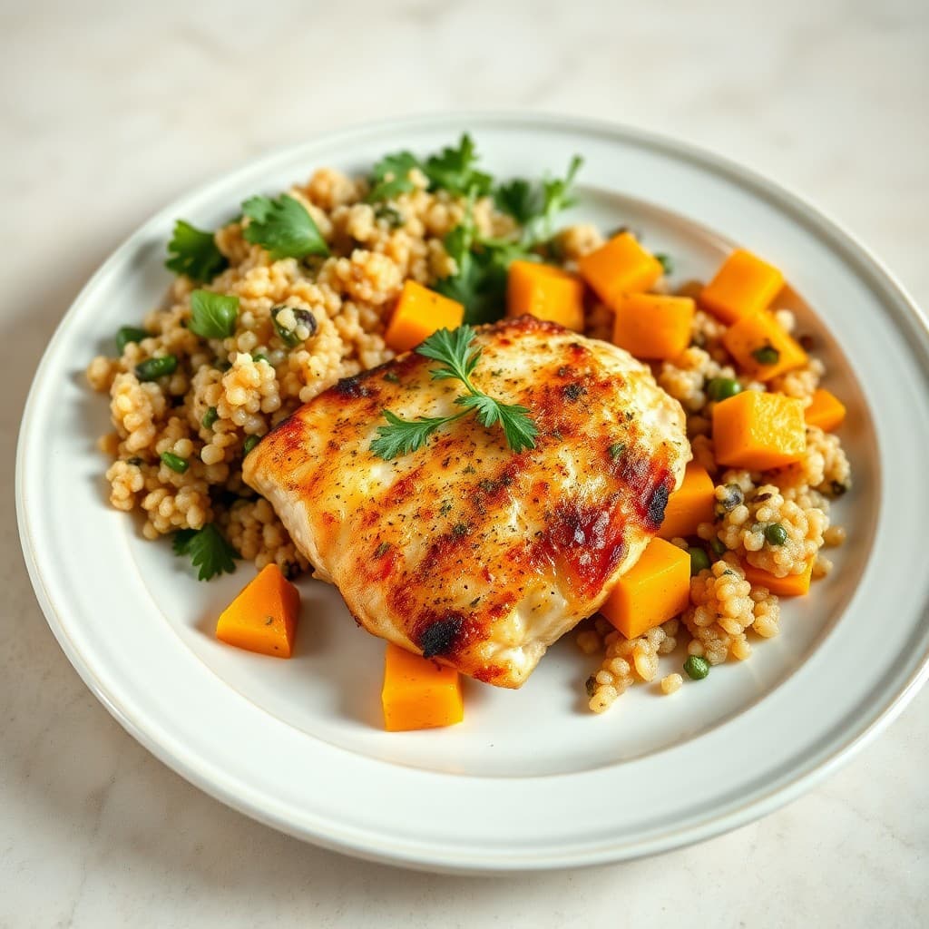 Seared Lemon Pepper Chicken with Roasted Butternut Squash and Quinoa Salad