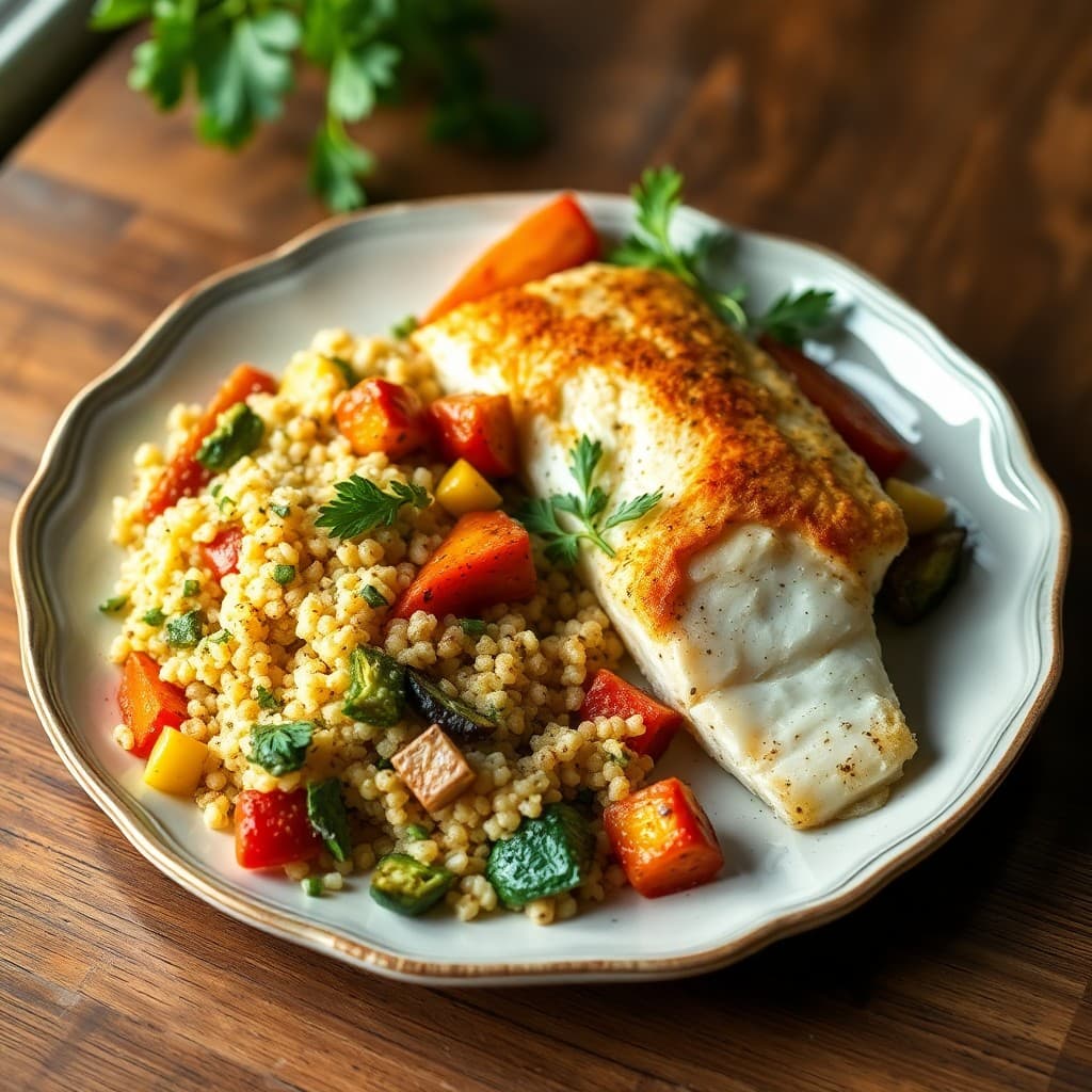 Provençal Baked Halibut with Herbed Quinoa and Roasted Vegetables