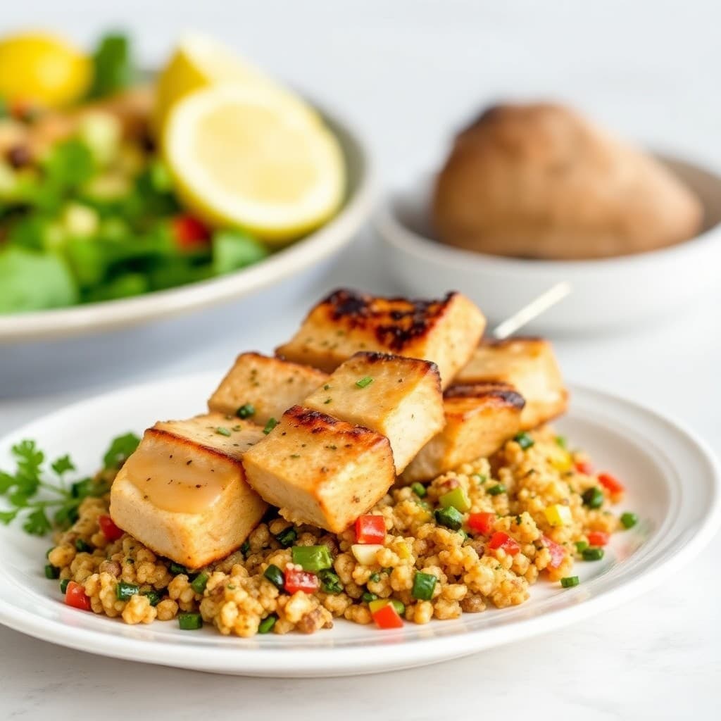 Lemon Herb Chicken Skewers with Roasted Vegetable Quinoa