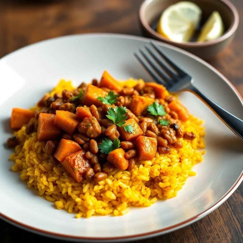 Spicy Lentil and Sweet Potato Curry with Turmeric Basmati Rice
