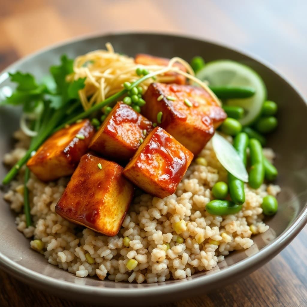 Japanese Miso-Glazed Tofu & Quinoa Breakfast Bowl with Pickled Daikon & Sesame Sprouts