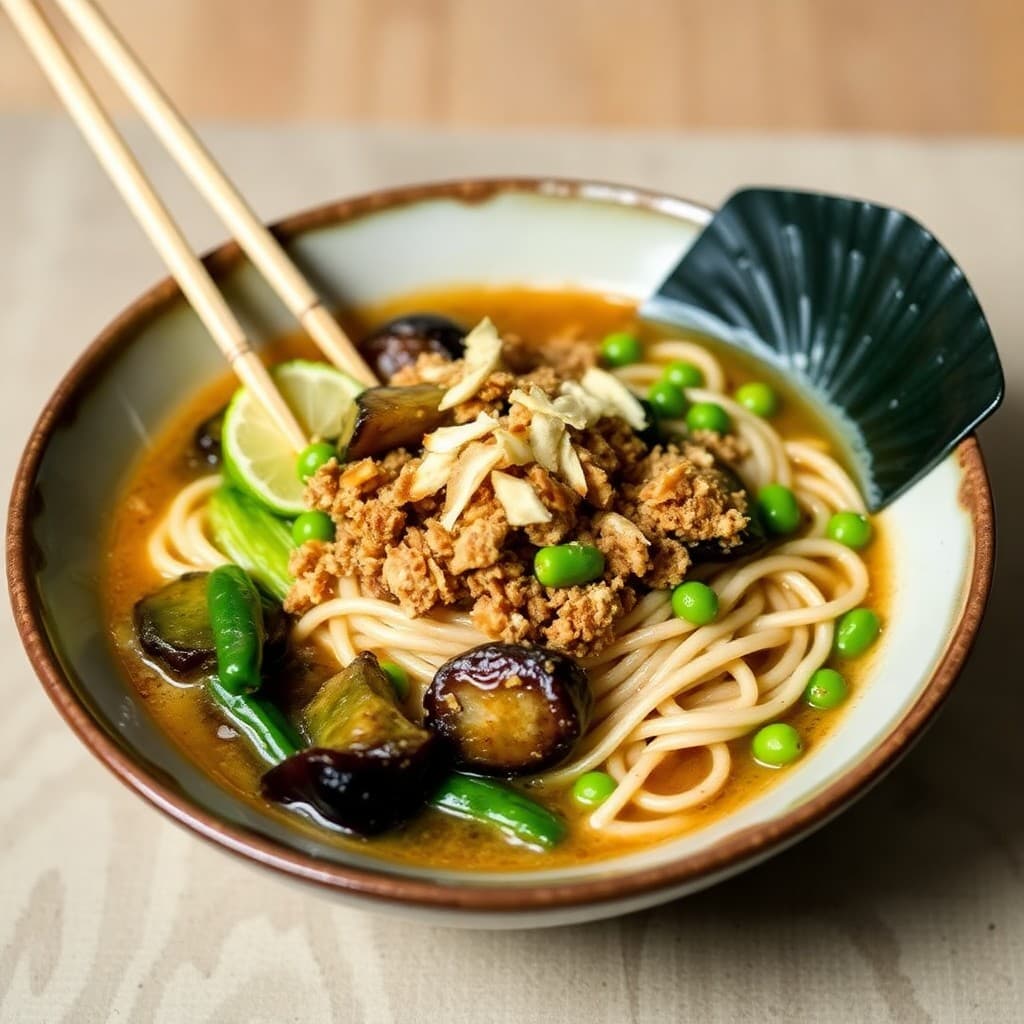 Japanese Miso-Glazed Eggplant & Edamame Ramen with Crispy Tempeh Crumble
