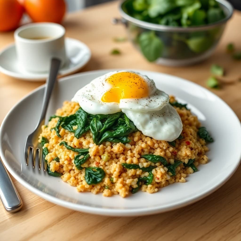 Zesty Breakfast Quinoa with Poached Eggs and Sautéed Greens