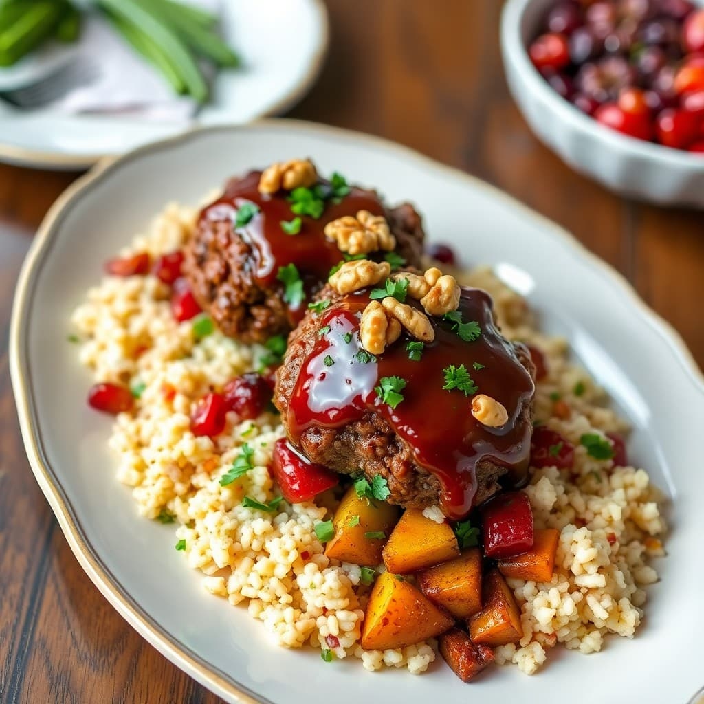 Lebanese Lamb Kibbeh with Pomegranate-Walnut Glaze & Herbed Bulgur Pilaf