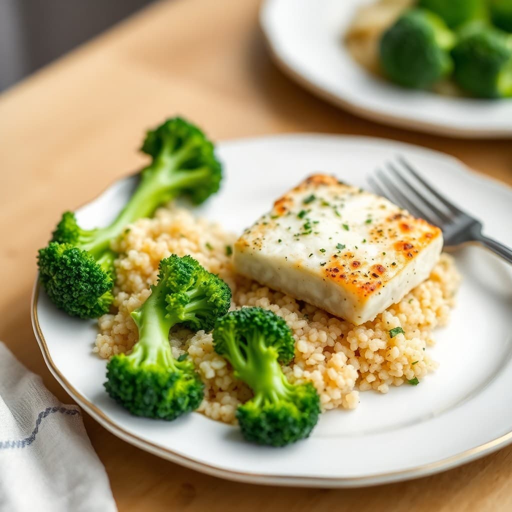 Garlic Herb Roasted Cod with Quinoa and Steamed Broccoli