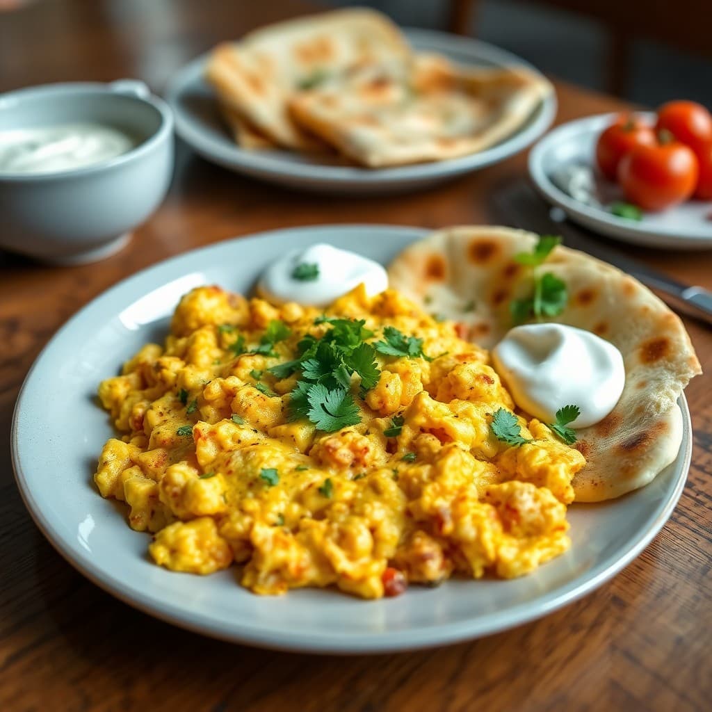 Indian-Spiced Scrambled Eggs with Cilantro Naan & Yogurt