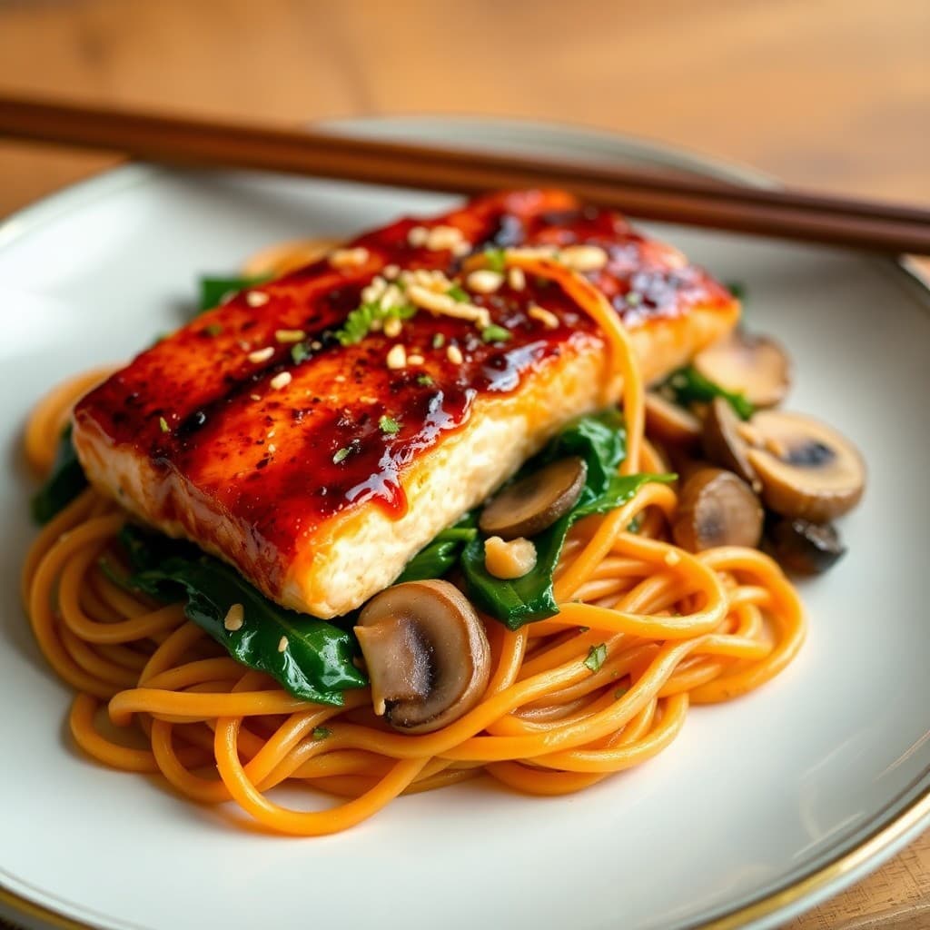 Korean Gochujang-Glazed Salmon with Crispy Shallot Japchae