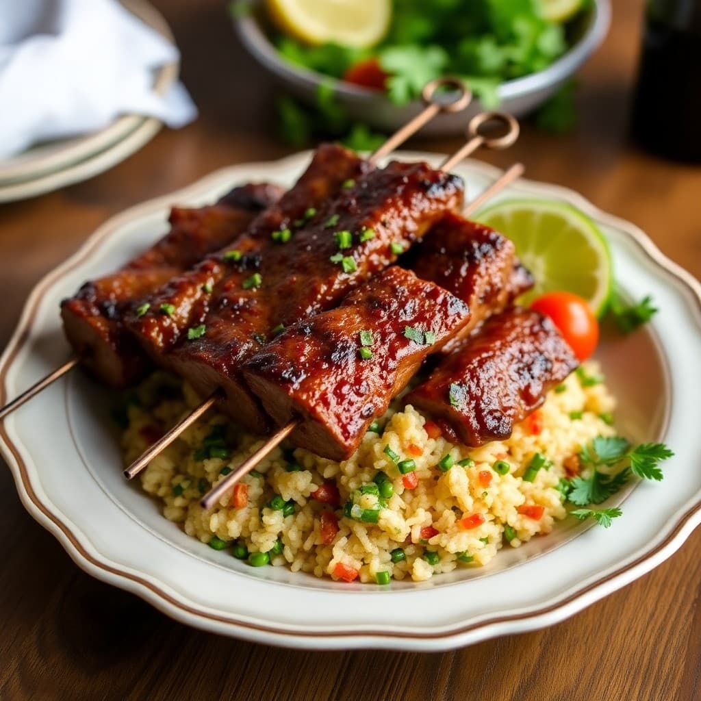 Sizzling Brazilian Picanha Skewers with Chimichurri Rice