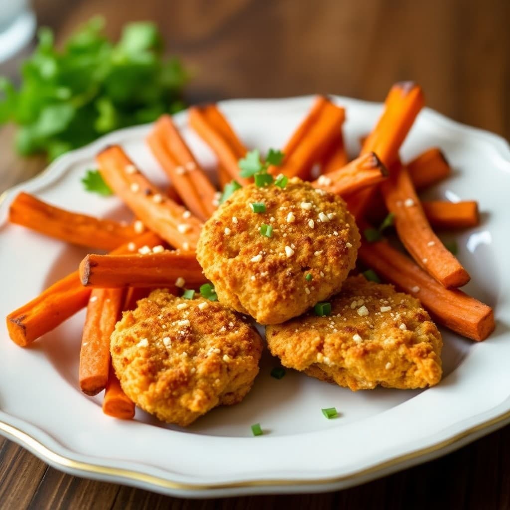 Baked Sweet Potato Fries with Parmesan Chicken Bites