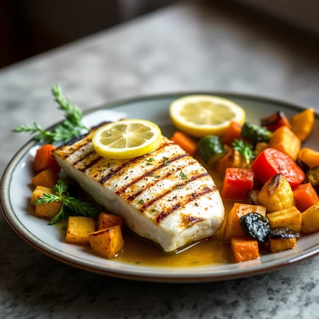 Zesty Lemon-Garlic Grilled Halibut with Roasted Meditteranean Veggies