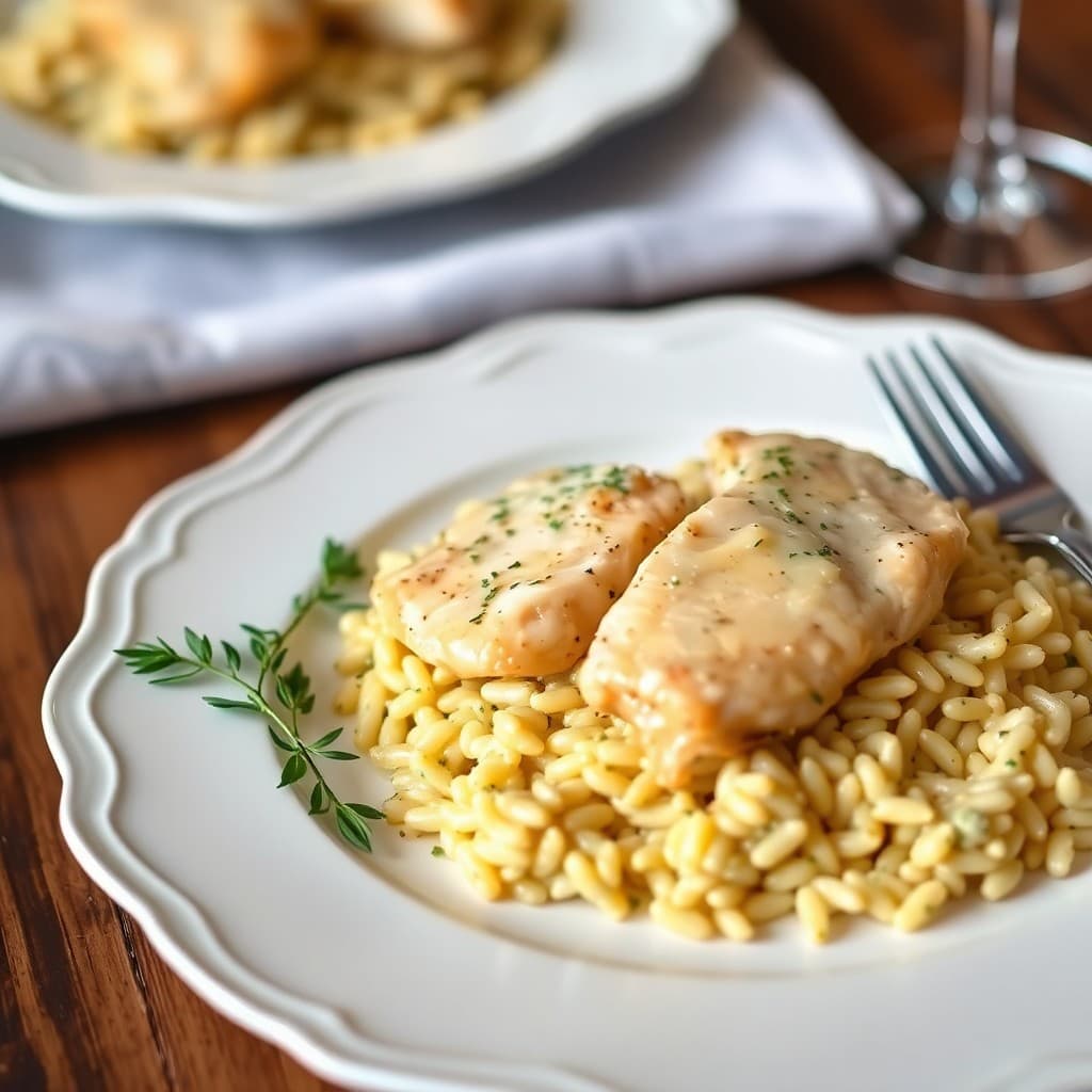 Lemon Garlic Chicken Piccata with Parmesan Orzo