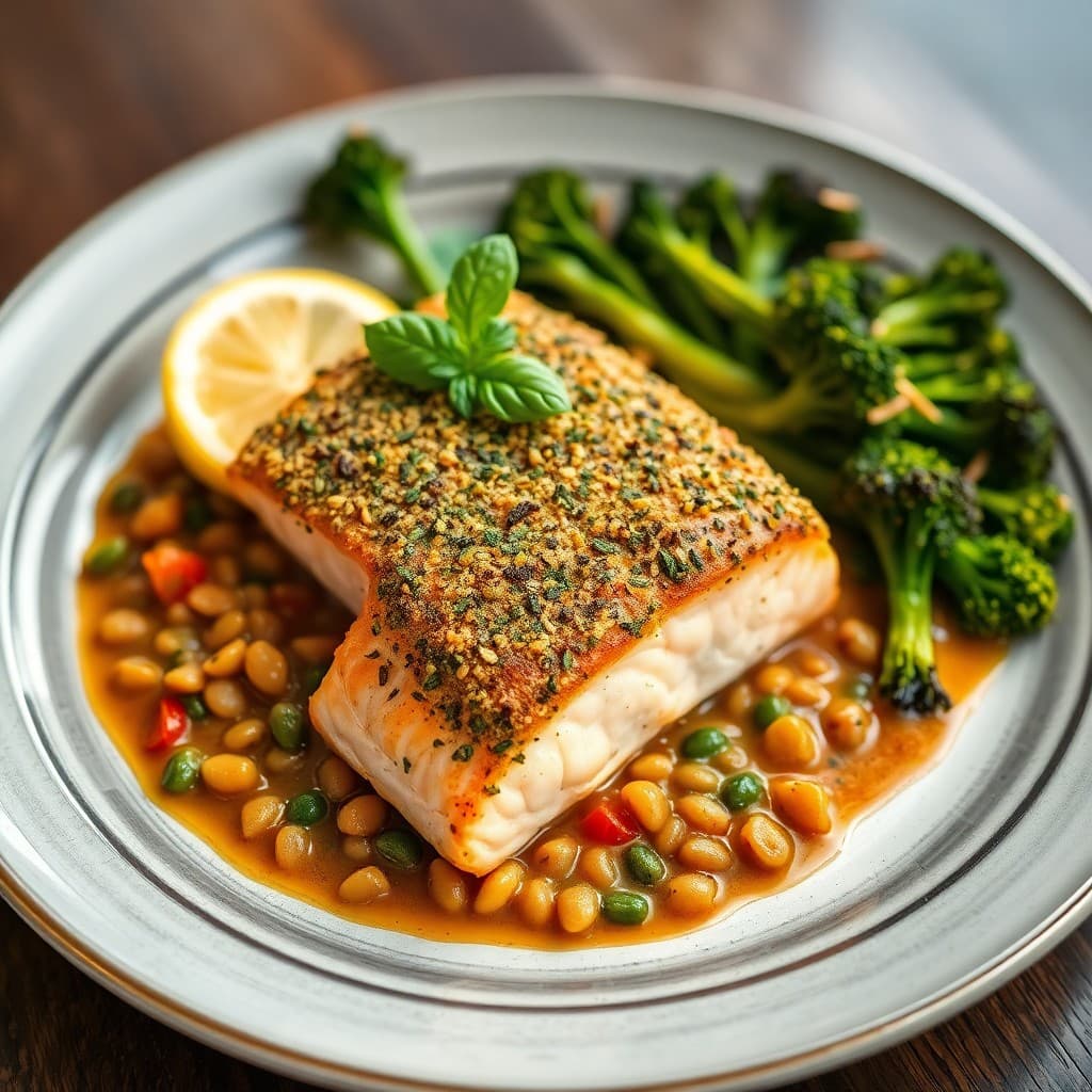Italian Herb-Crusted Salmon with Creamy Lentil Ragù & Charred Broccolini