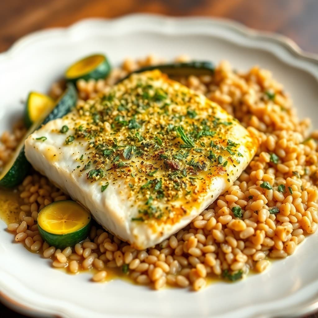 Baked Lemon Herb Halibut with Roasted Zucchini and Farro