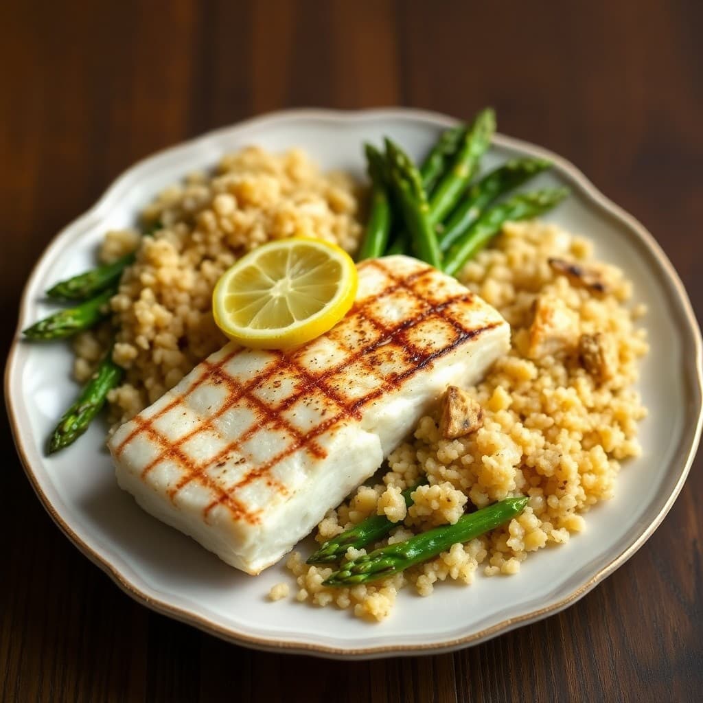 Grilled Lemon-Garlic Halibut with Roasted Asparagus and Quinoa