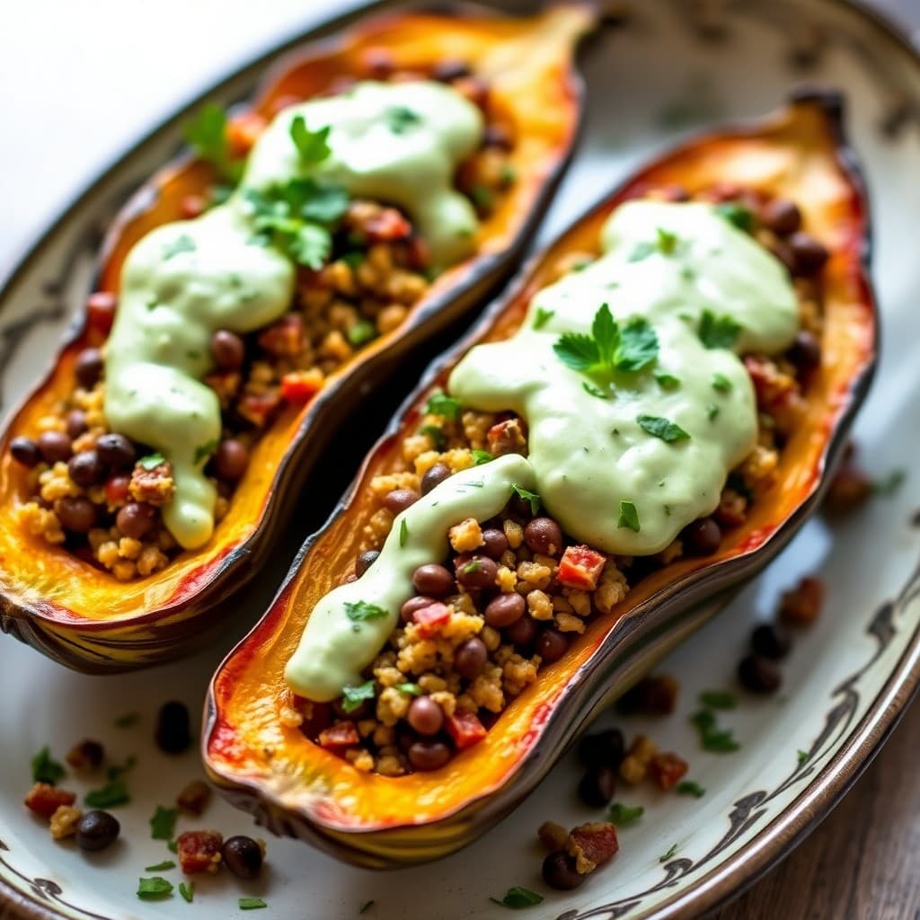 Peruvian-Spiced Black Bean & Quinoa Stuffed Delicata Squash with Cilantro-Lime Crema