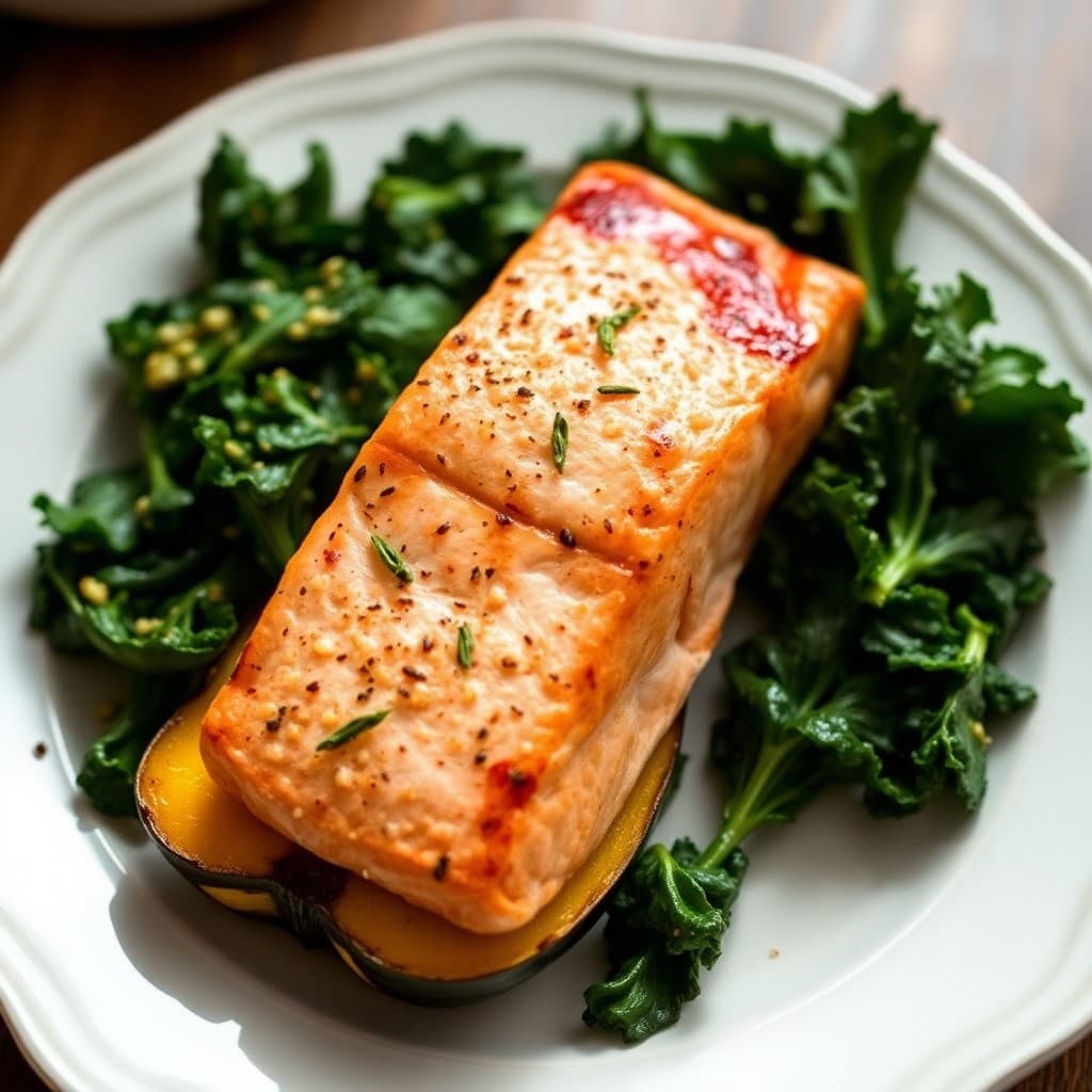 Roasted Acorn Squash with Grilled Salmon and Sautéed Kale