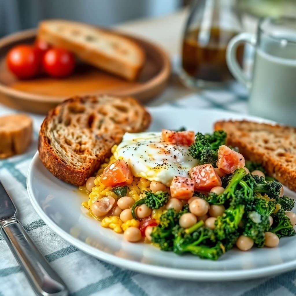Portuguese Smoked Salmon & White Bean Breakfast Scramble with Charred Broccoli Rabe