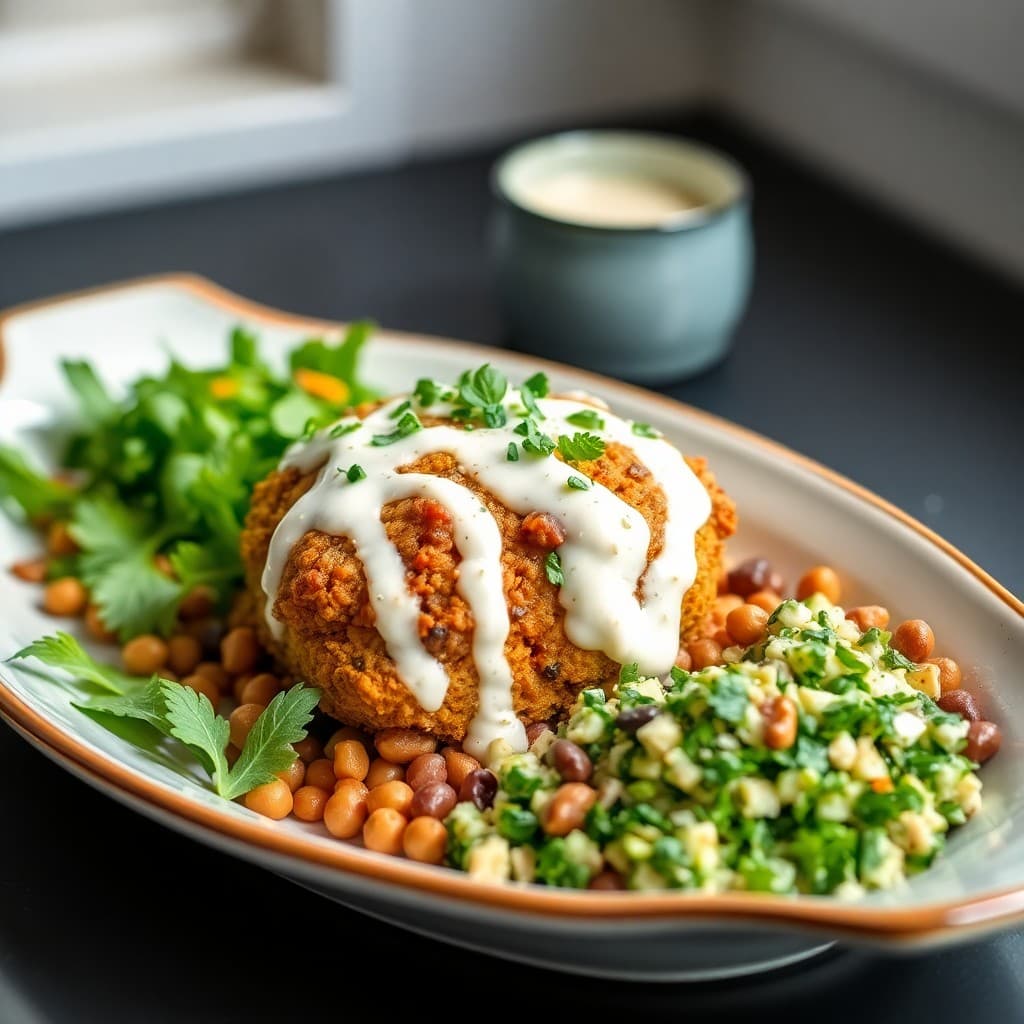 Spiced Chickpea & Lentil Kibbeh with Tahini-Yogurt Drizzle & Herbed Tabbouleh