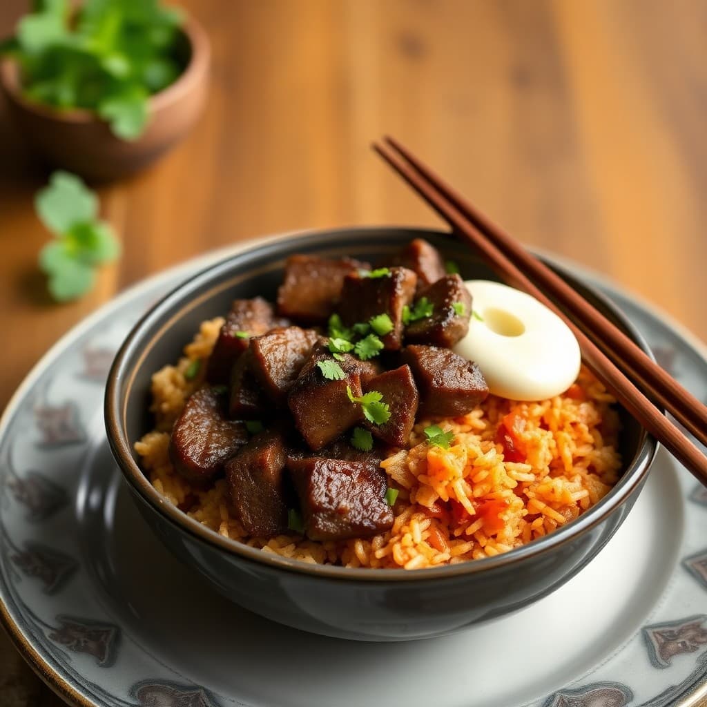 Korean BBQ Beef Bowl with Kimchi Fried Rice