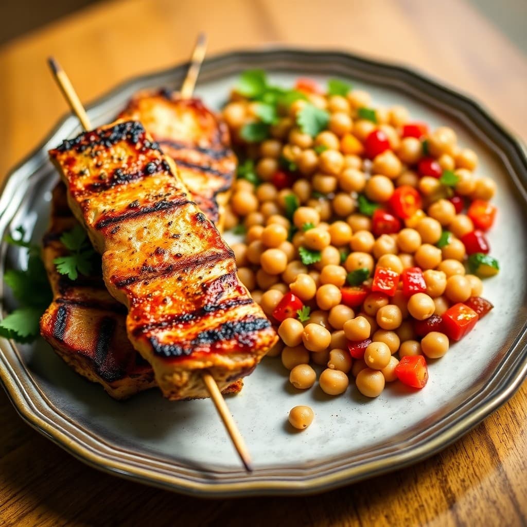 Grilled Moroccan Chicken Skewers with Chickpea Tabbouleh