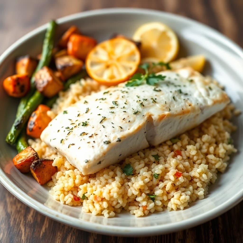 Mediterranean Baked Halibut with Lemon-Garlic Quinoa