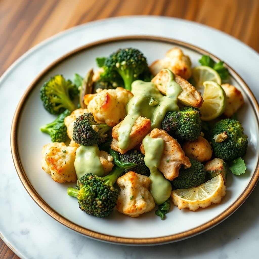 Roasted Cauliflower and Broccoli Salad with Creamy Avocado Dressing