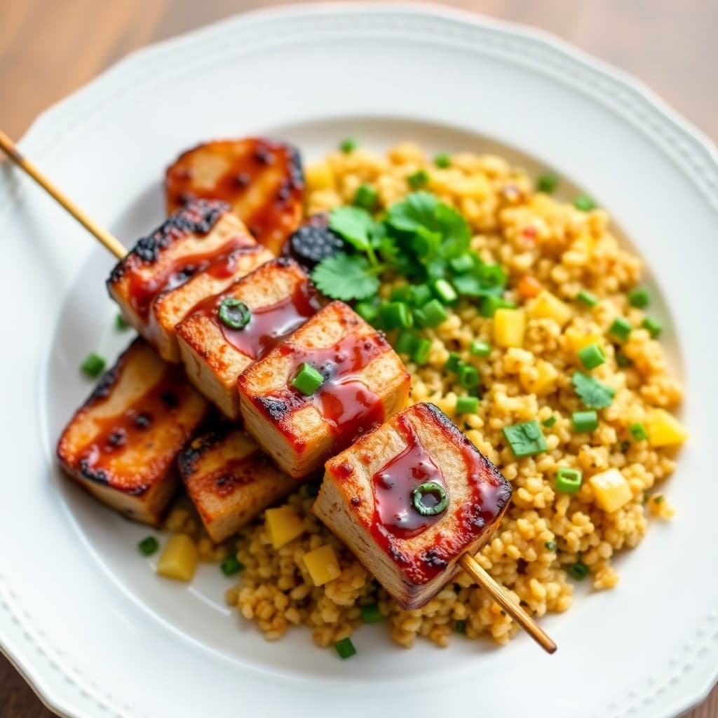 Teriyaki Pork Tenderloin Skewers with Pineapple Fried Quinoa