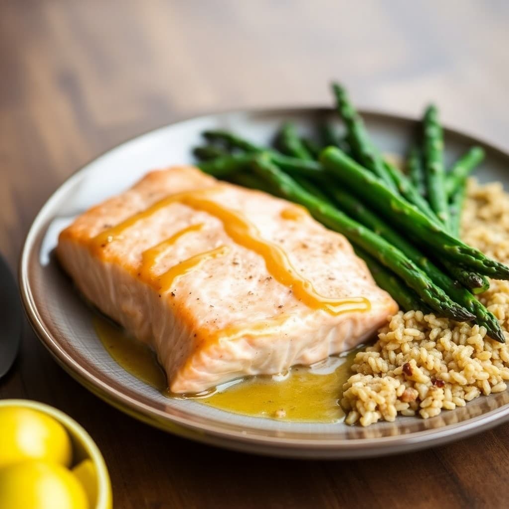 Honey Mustard Baked Salmon with Roasted Asparagus and Quinoa