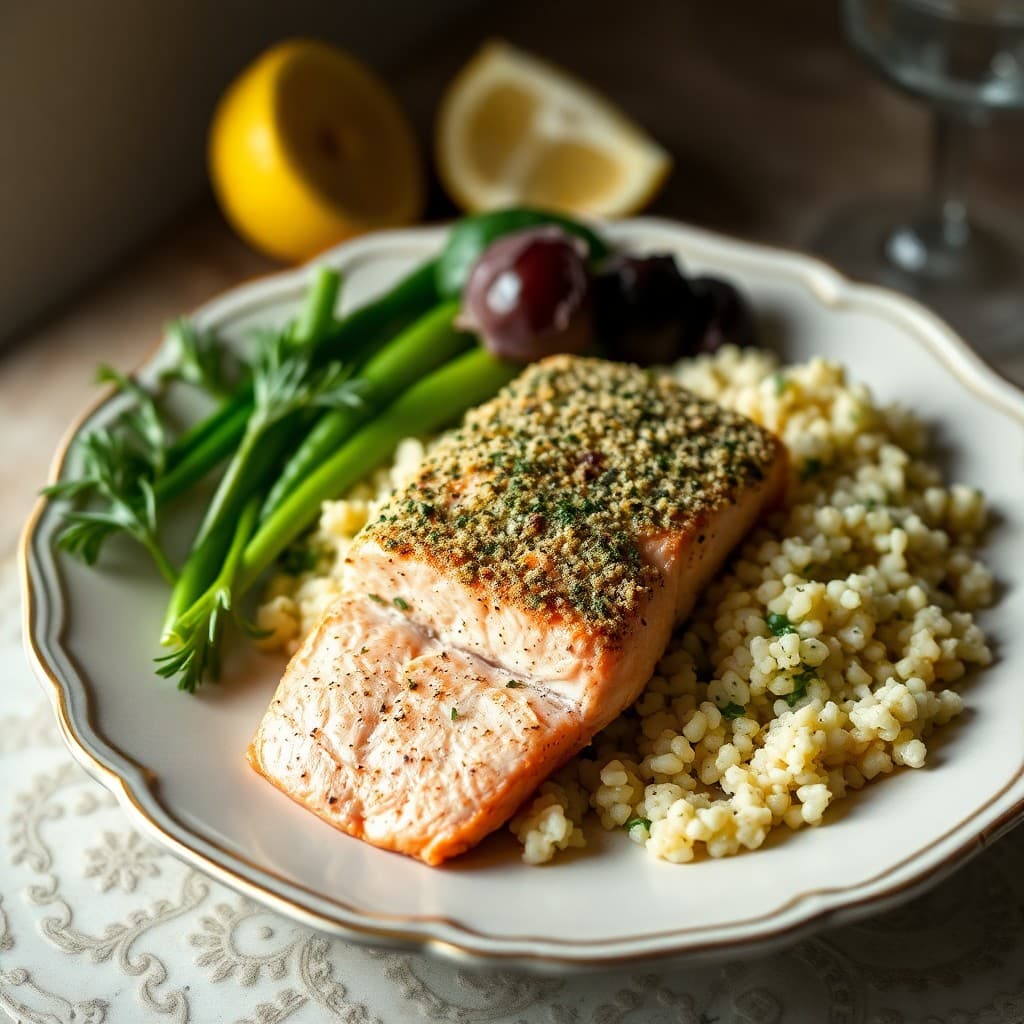 Herb-Crusted Baked Salmon with Lemon Dill Couscous
