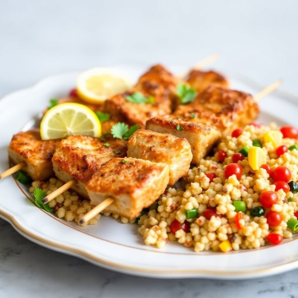 Zesty Lemon Pepper Chicken Skewers with Mediterranean Couscous Salad