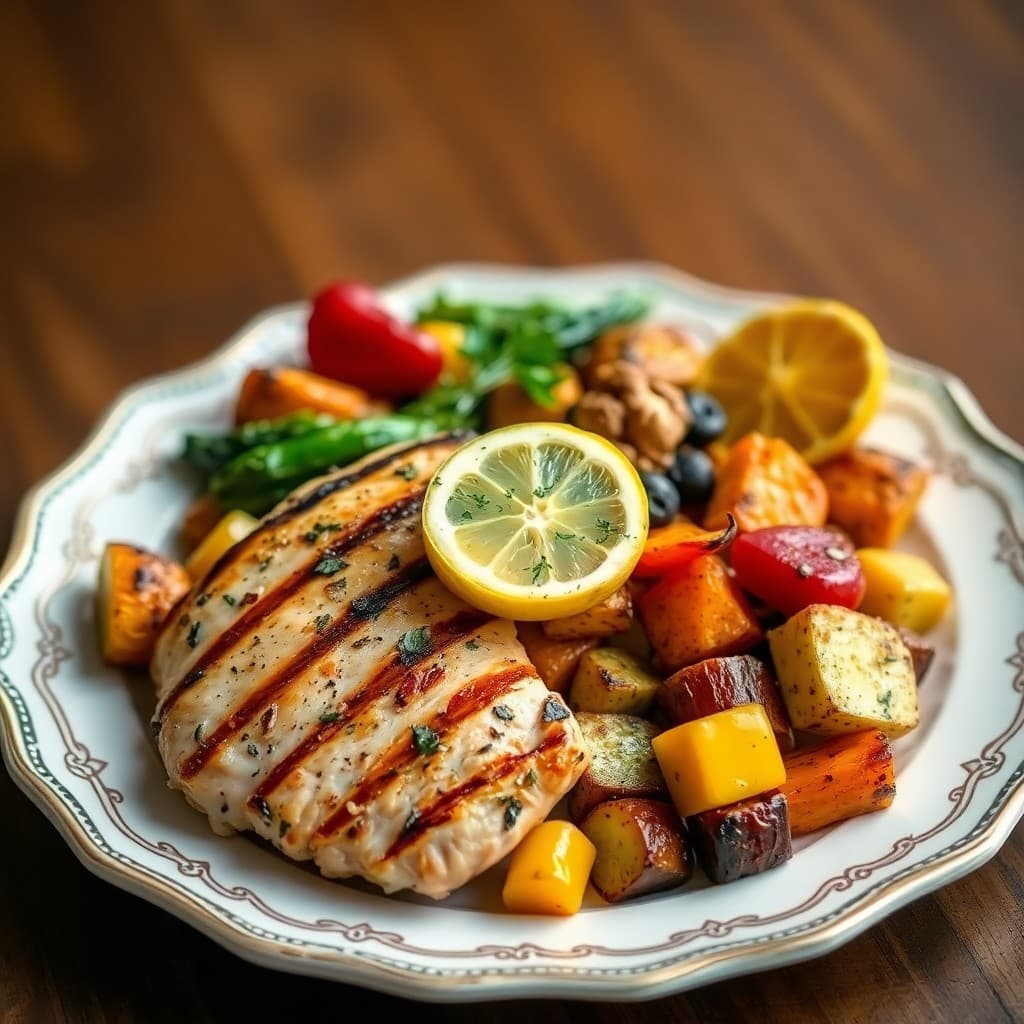 Grilled Lemon-Herb Chicken with Roasted Veggie Medley