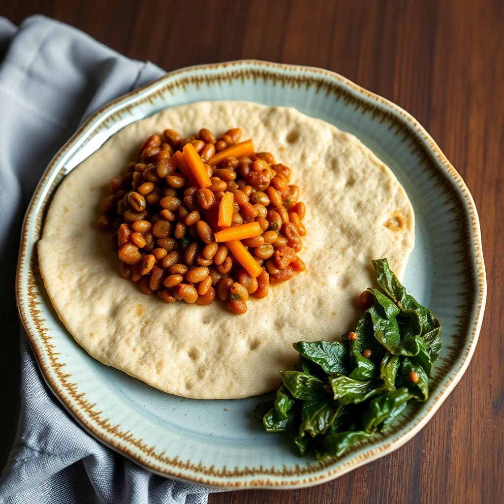 Ethiopian Injera Breakfast with Spiced Lentil Wat & Sautéed Gomen