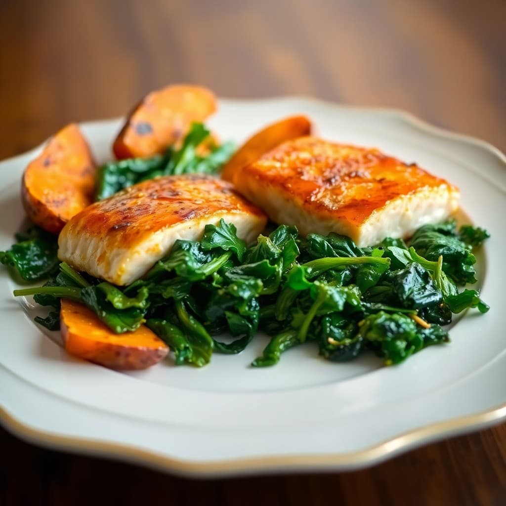 Honey Garlic Glazed Salmon with Roasted Sweet Potato Wedges and Sautéed Greens