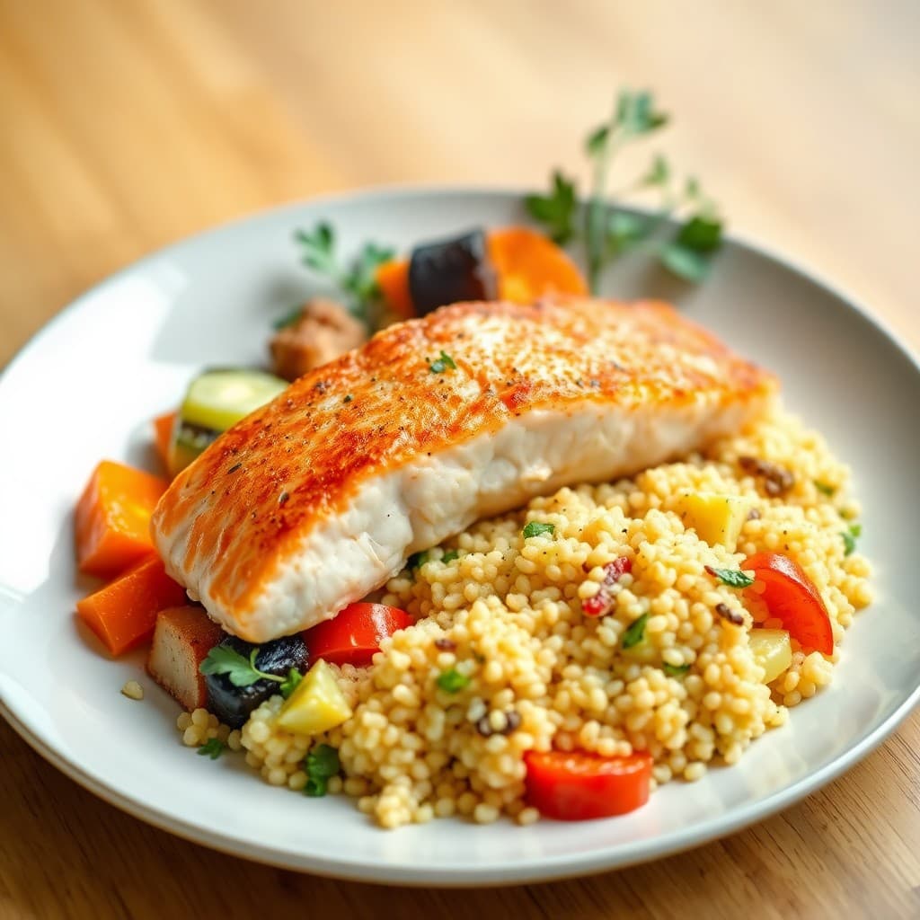 Seared Salmon with Roasted Vegetable Medley and Lemon Quinoa