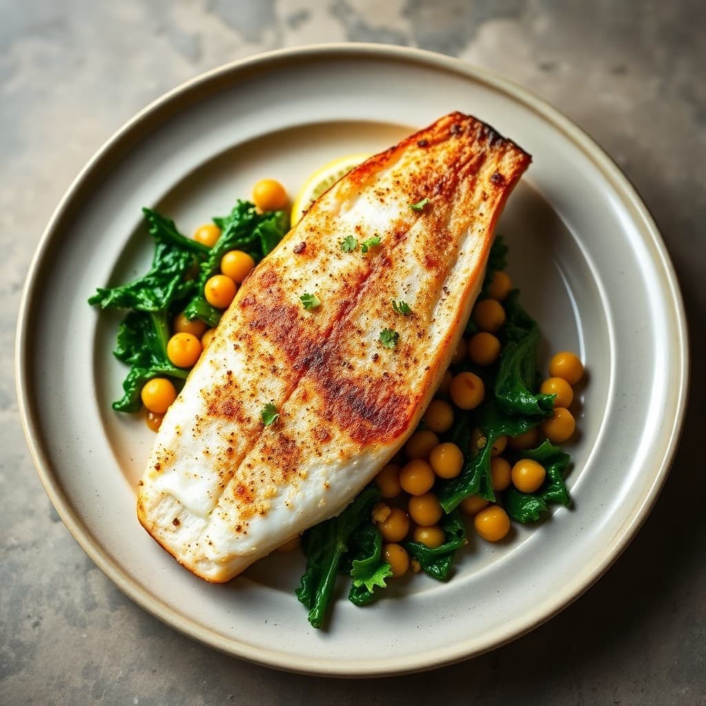 Portuguese Pan-Seared Branzino with Chickpea & Kale Sofrito
