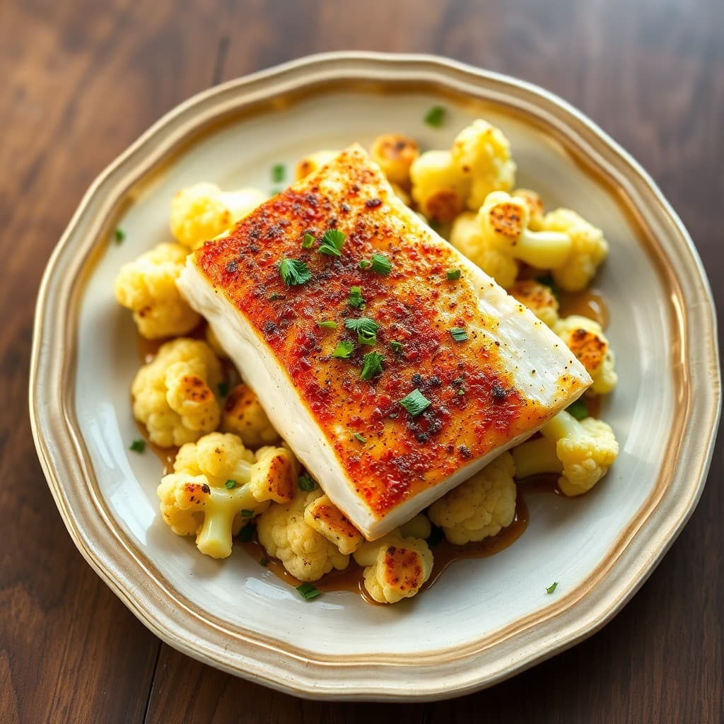 Seared Chili-Lime Halibut with Roasted Garlic Cauliflower