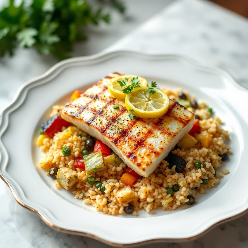 Grilled Lemon-Garlic Halibut with Roasted Veggie Quinoa Medley