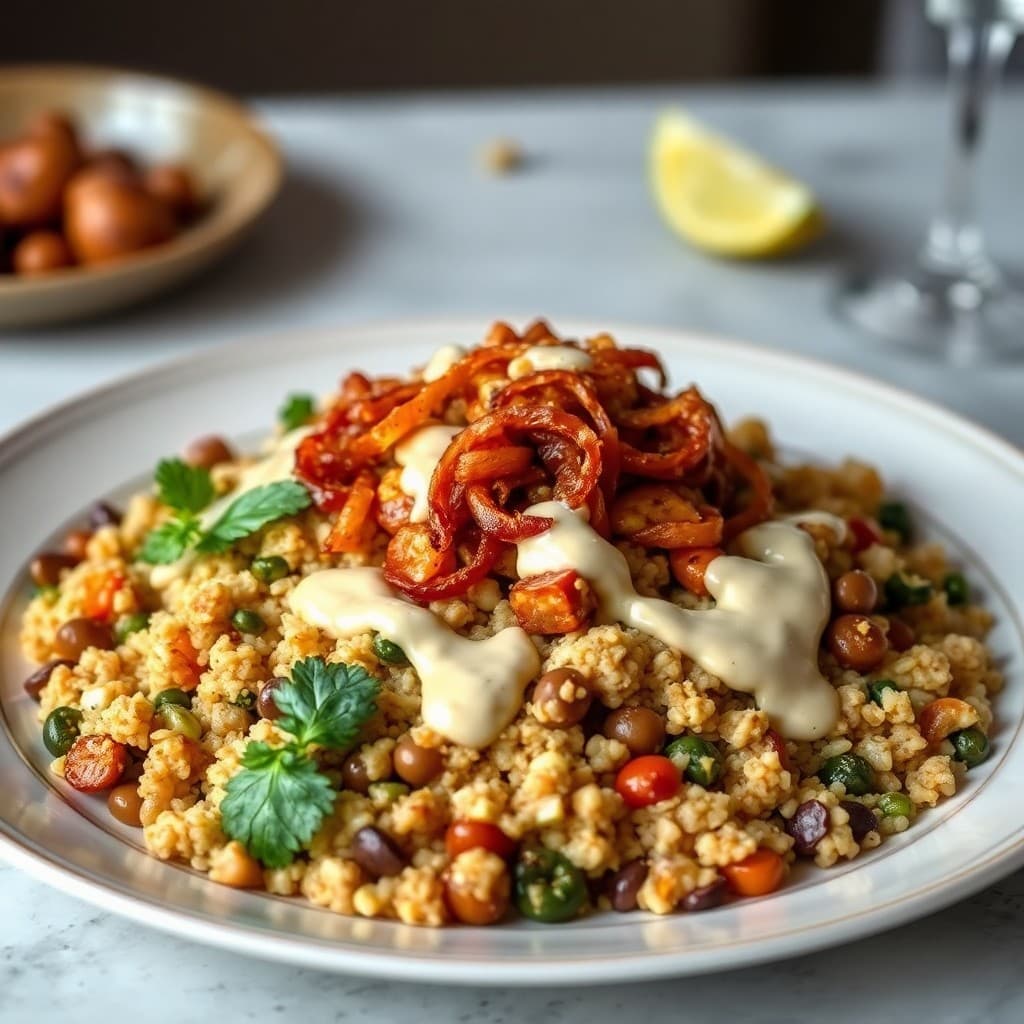 Lebanese Mujadara with Crispy Tempeh & Tahini Drizzle