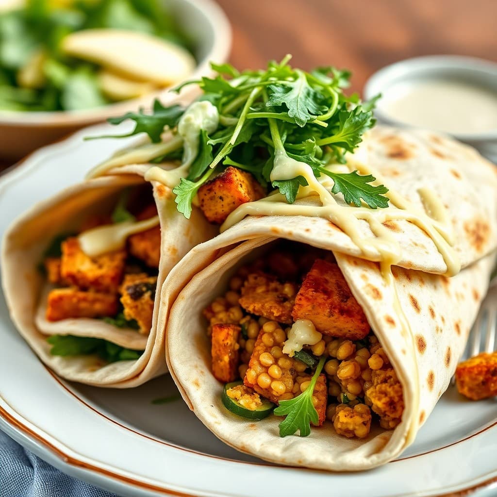 Crispy Tofu & Mujadara Stacked Wraps with Tahini-Lemon Drizzle