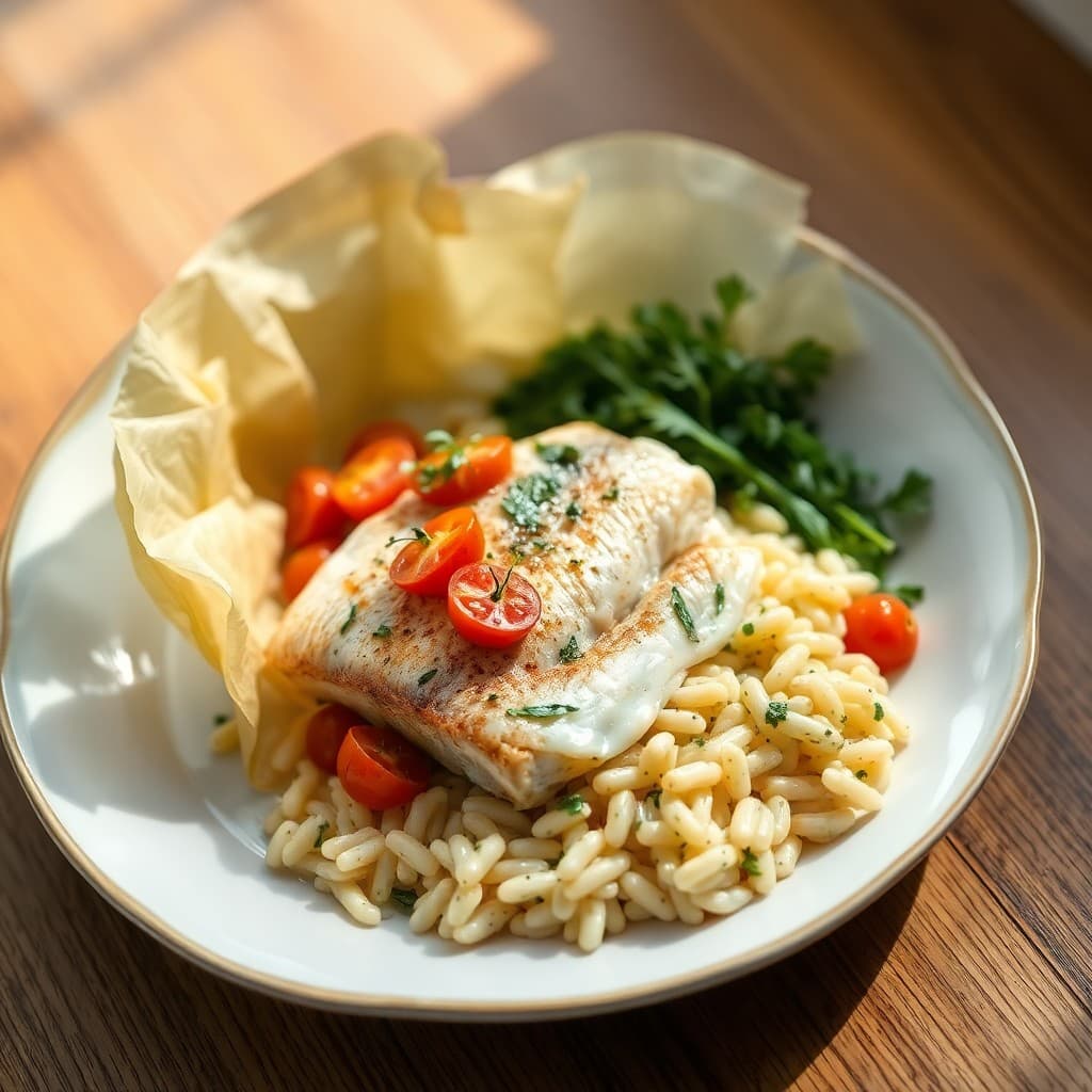 Baked Branzino en Papillote with Fennel, Tomato & Herbed Orzo