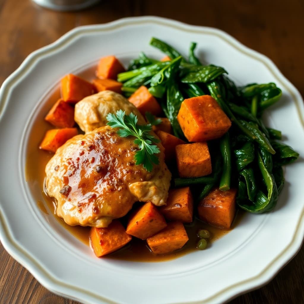 Sautéed Ginger-Garlic Chicken with Roasted Sweet Potatoes and Sautéed Greens