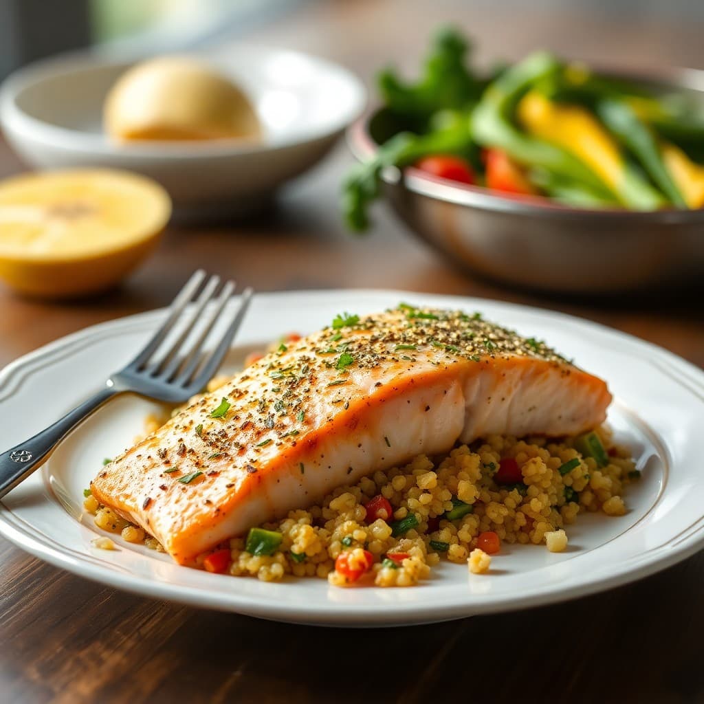 Garlic Herb Salmon with Roasted Veggie Quinoa