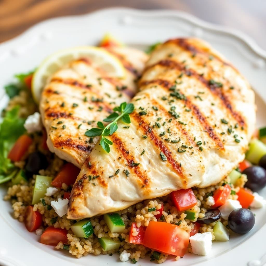 Lemon Herb Chicken Paillard with Mediterranean Quinoa Salad
