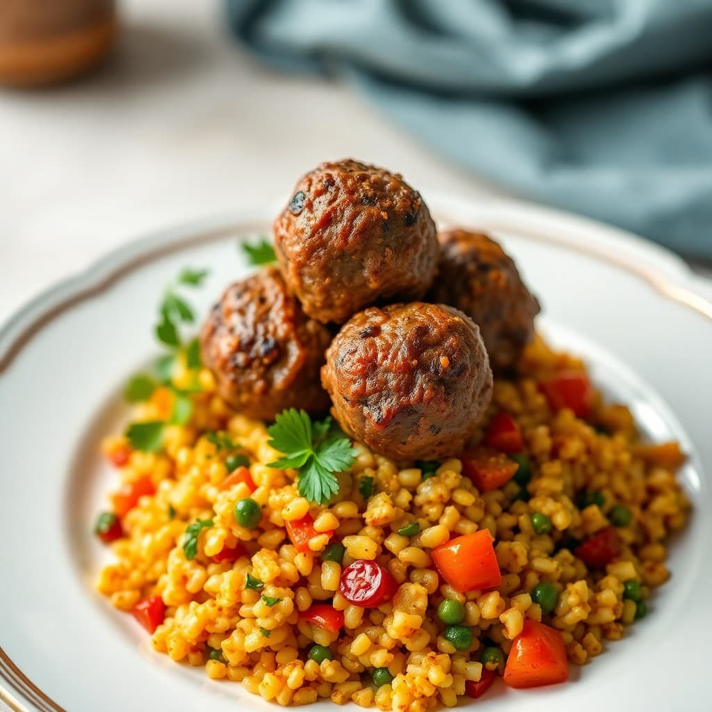 Moroccan Spiced Lamb Meatballs with Roasted Veggie Couscous