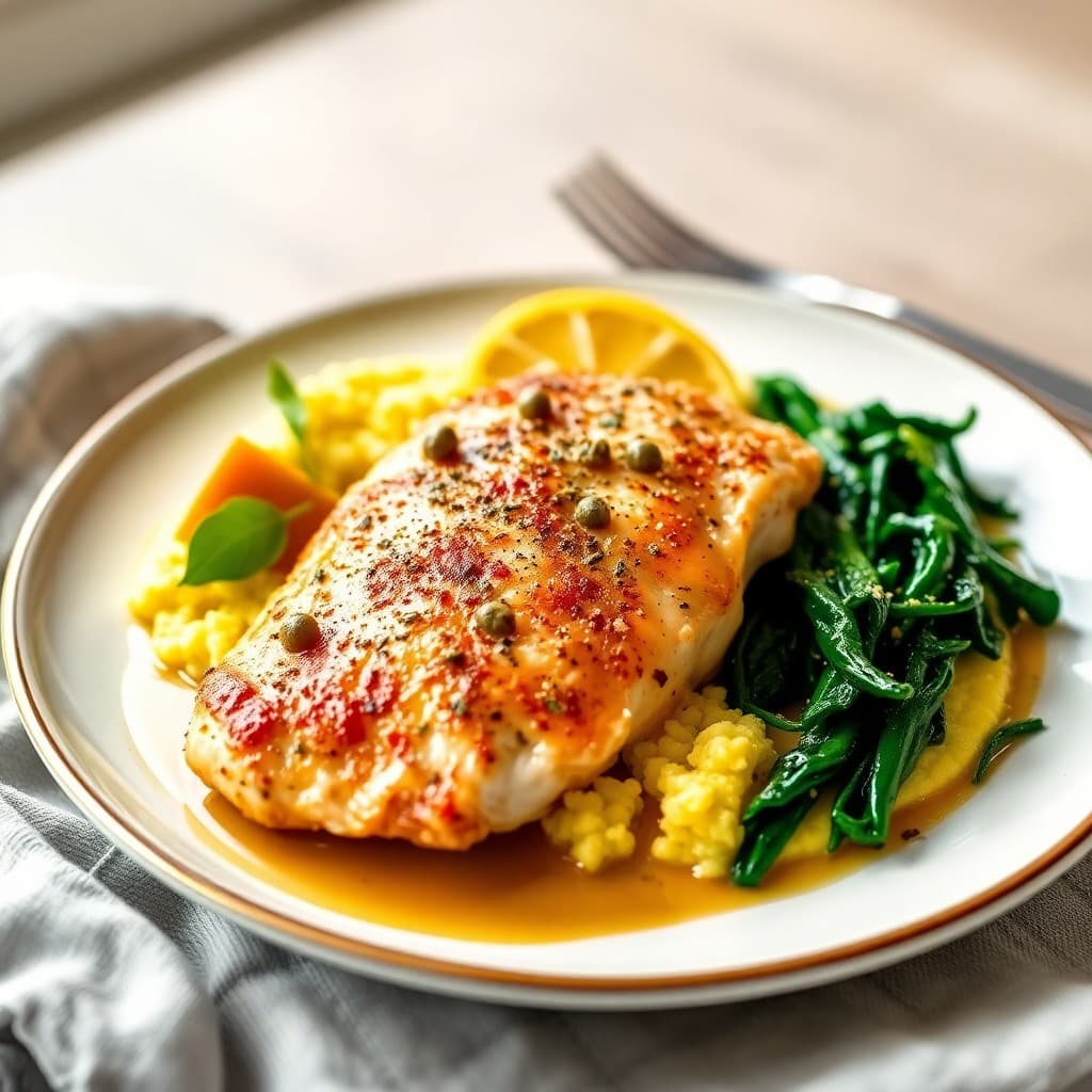 Baked Chicken Piccata with Crispy Polenta & Sautéed Spinach
